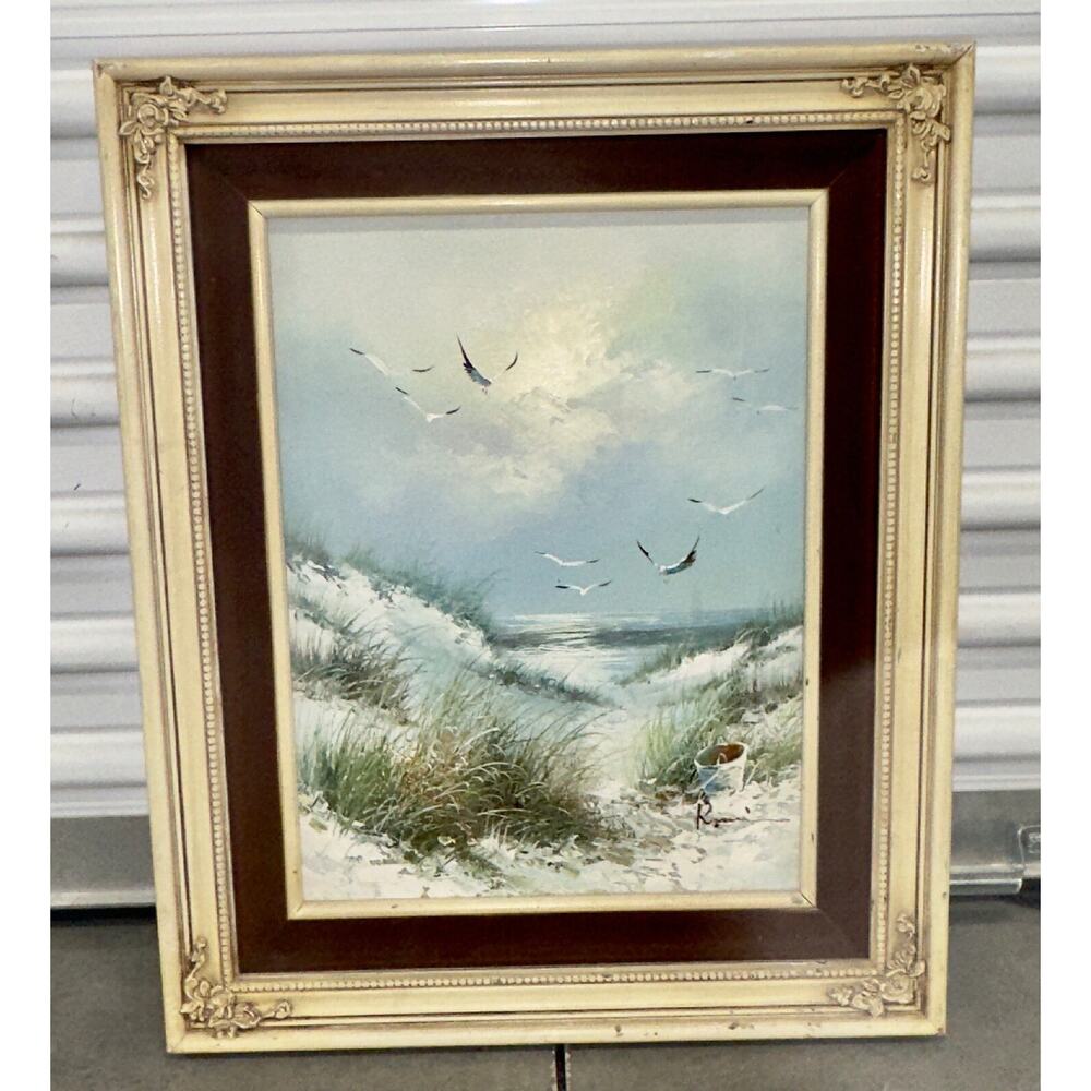 Nautical Beach Ocean Original Oil on Canvas Painting by Edward Runci Ornate Wood